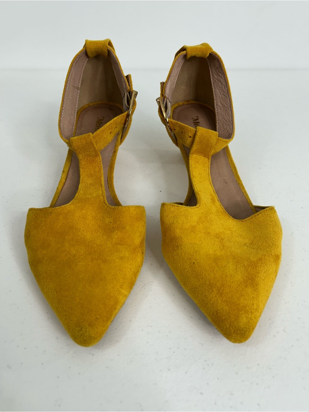 ModCloth Yellow Suede Tarzan T Strap Pointed Toe Short Heels Size 38 or US 7.5
